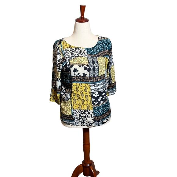 J. Jill blouse mixed floral print 3/4 sleeve top blue white yellow popover Sz S - Picture 1 of 8